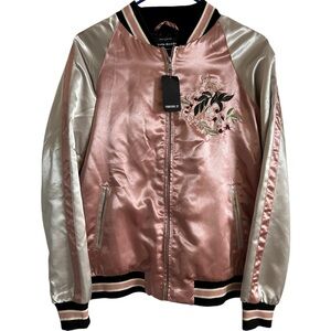 NWT Women’s Pink Satin Bomber Jacket with Embroidery Size S